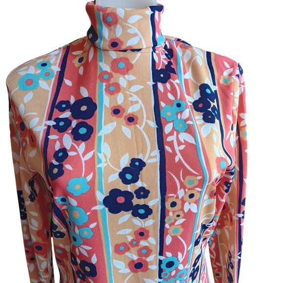 Medium Vintage Elleen 1970s Groovy Mod Mom Floral Striped High-Neck Top 11/12 - Picture 1 of 8